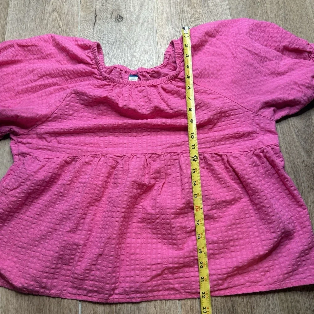 Womens Pink Babydoll Peasant Blouse Puff Sleeve Textured Top Size Large Navy